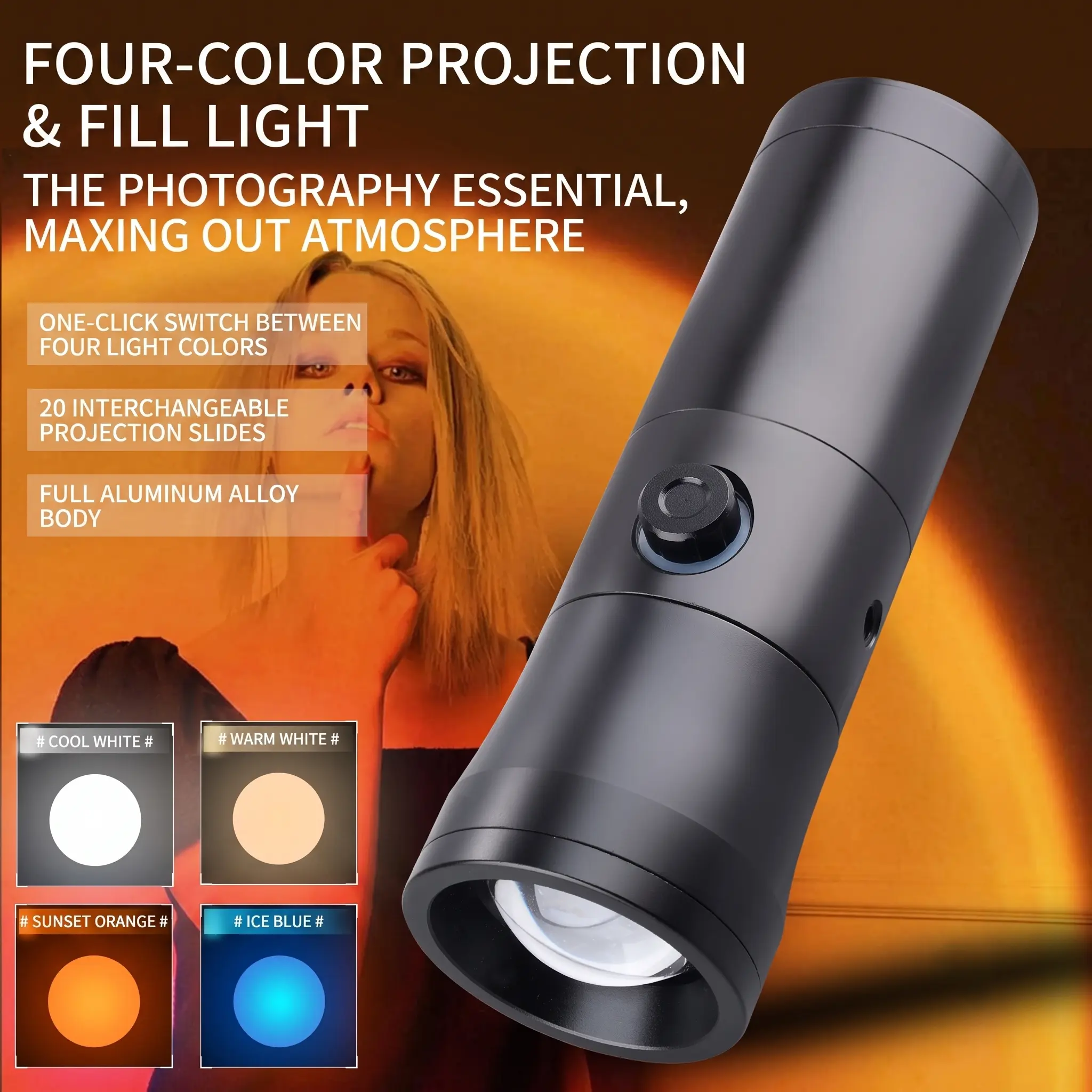 10W RGB COB Video Light, Portable LED Photography Spotlight with 20 GOBO Filters & 4 Color Modes, CRI95+ 6300K 7500mAh Rechargeable, Ambient Sunset Pattern Light for Studio YouTube TikTok Live Streaming Content Creator