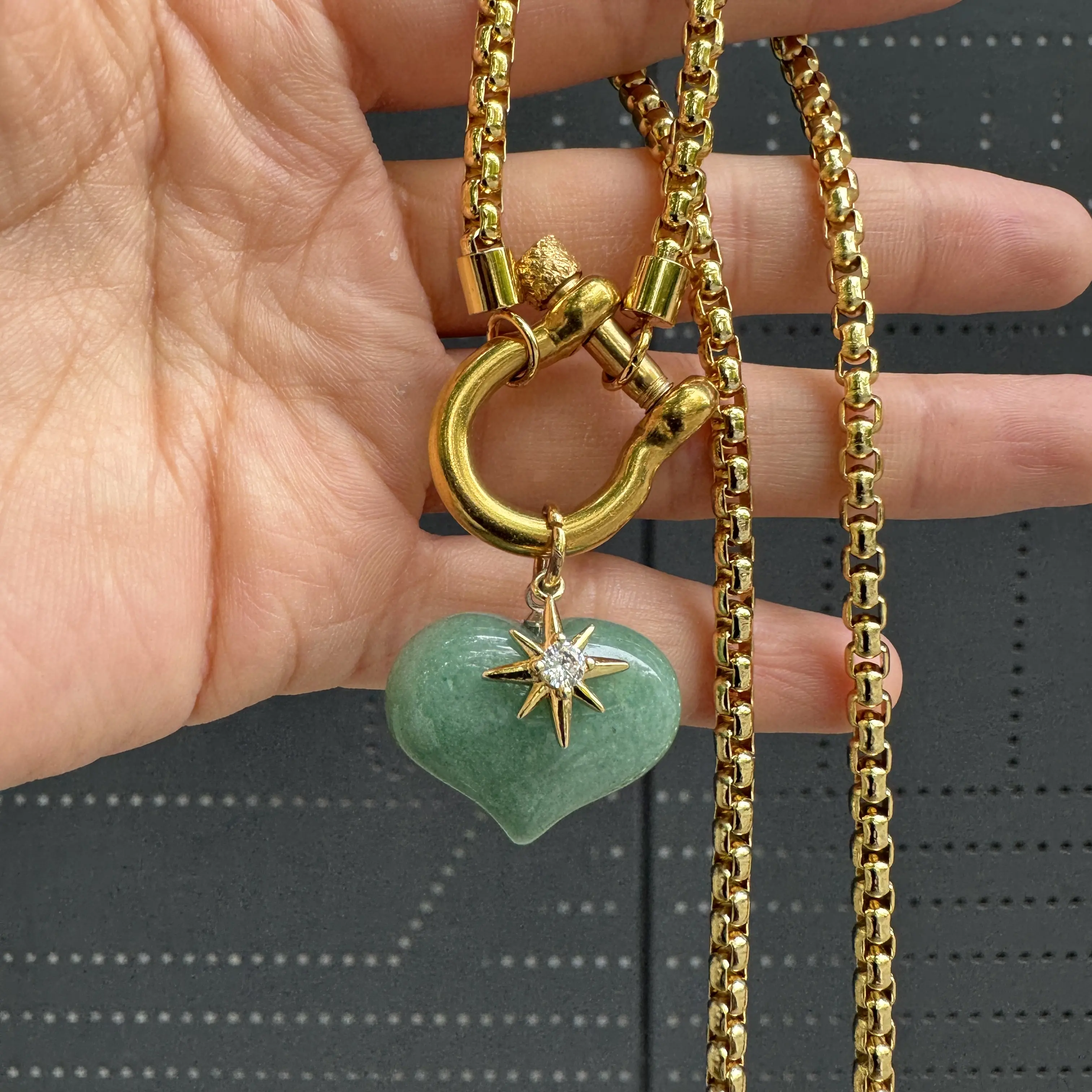Crystal Heart Necklace | Gold Horseshoe Clasp Box Chain | Healing Stone Pendant | Black Agate Rose Quartz Tiger Eye Amethyst Green Aventurine White Jade Lapis Lazuli Clear Quartz| Gift for Her