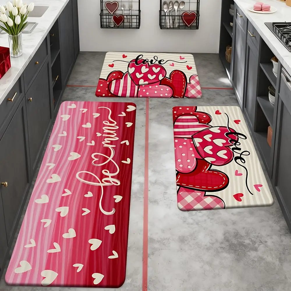 Valentine's Day Kitchen Rug Set, Flannel + 0.39inch Thick Sponge Material, Romantic Heart Pattern, Red and White Polka Dot and Stripe Design, Thickened Flannel for Soft Comfort, Suitable for Living Room, Bedroom, Kitchen, Bathroom, and More