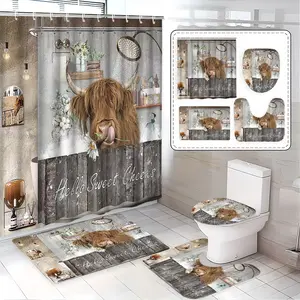 Vintage Farmhouse Bathroom Set, Highland Cow Bath Accessories, Includes Rug, Toilet Mat, U-Shaped Pad, Elegant Home Decor Gift