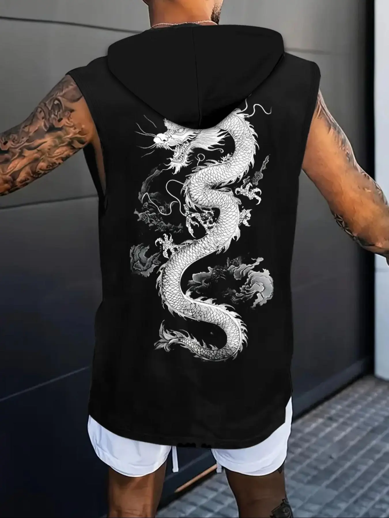 Men's Dragon Print Hooded Tank Top, Regular Fit Casual Streetwear Fashion Sleeveless Top for Summer, Men's Clothes for Outdoor Daily Wear, Sweatshirts, Animal, Menswear, Fitted Street Fashion