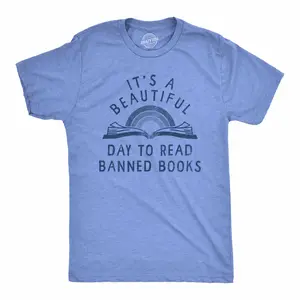 Mens Its A Beautiful Day to Read Banned Books T Shirt Funny Anti Censorship Reading Joke Tee for Guys Mens Funny T Shirts Cool Vintage Fashion T-Shirt Gift Classic Menswear Funny Nerd Short Sleeve Novelty Tees Light Blue