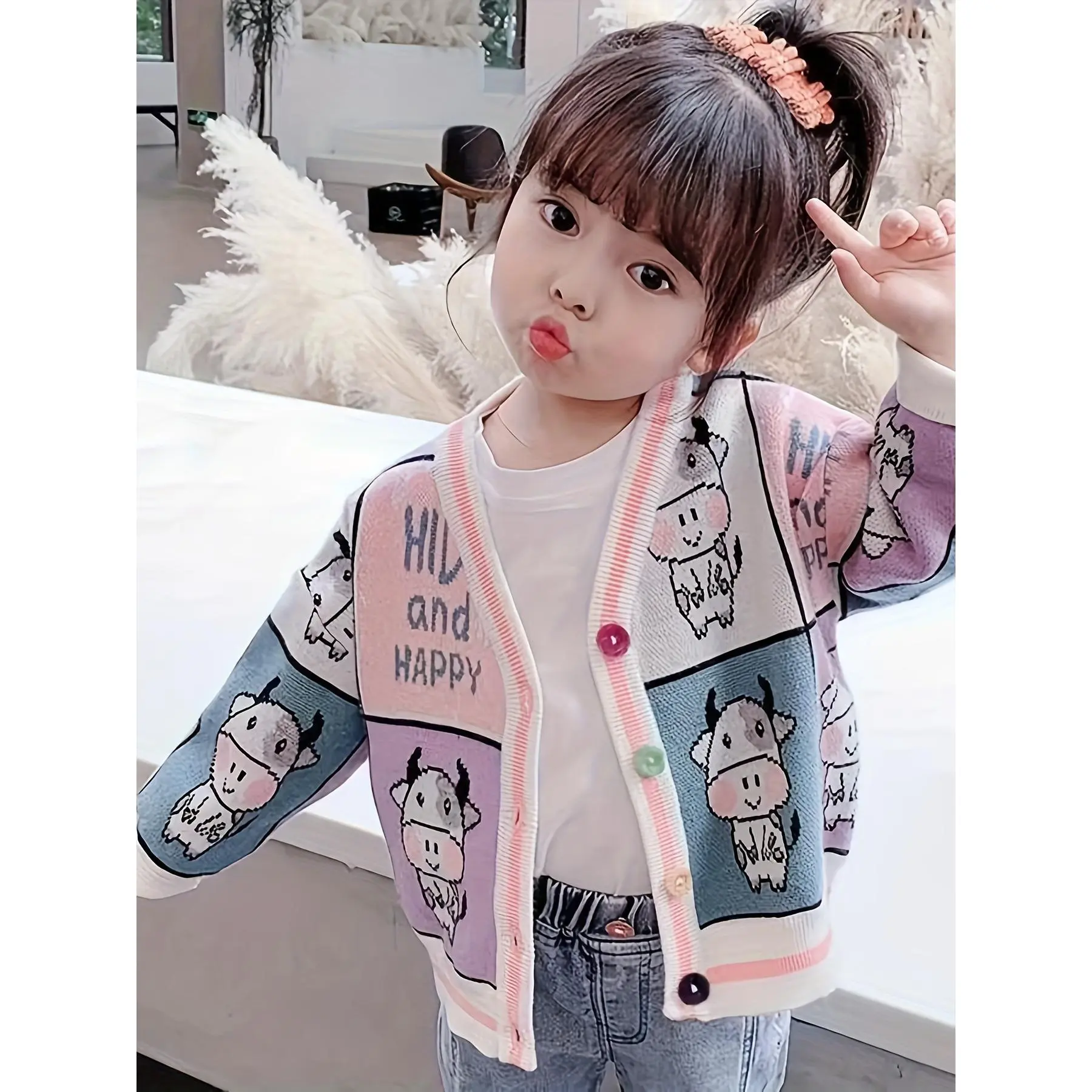 Girls' Animal Print Cardigan Sweater, Korean Style V-Neck Knitted Top in a Polyester Blend for Spring & Autumn, Animal Prints, Korean Knit, Cardigan Length, Cute, Child-Sized Girls' Knitwear
