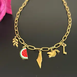 Gold-Plated Palestine Paperclip Charm Chain Necklace with Olive Branch Watermelon Slice Map Dove & Key Charms