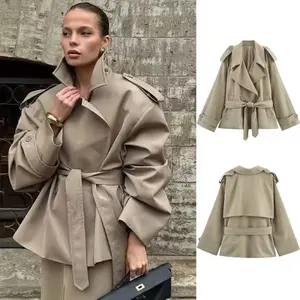 Women's loose casual lapel tie medium and long trench coat jacket printed tshirts Faux Leather bomber jacket waterproof fleece top