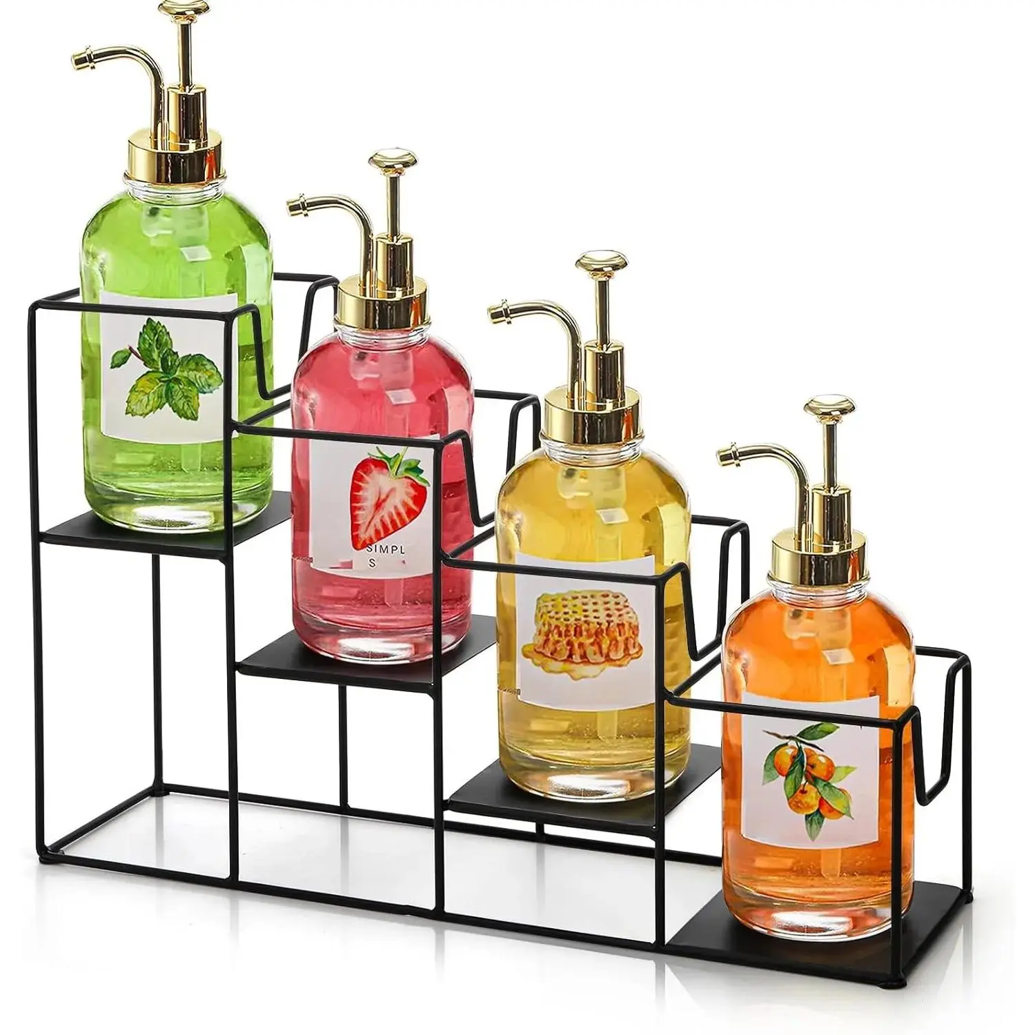 4-Tier Metal Kitchen Syrup Bottle Holder - 16.3" x 10.2" x 4.3" Fence Design Multi-Use Storage, Countertop Stand for Torani Monin, Liquor, Dressing to Display and Store (Fits 4 Bottles)