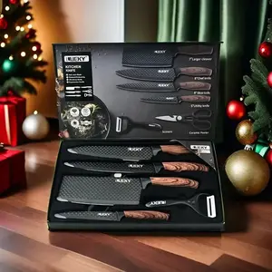 Black Professional Chef Knife Set,Spray Painted Wooden Handle 7-Piece Set,Ultra Sharp Knife Set, Rust-Proof Stainless Steel Wave Pattern Knife Set, Ergonomic Design