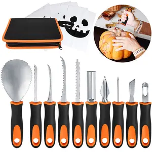 Pumpkin Carving Tools Kit for Halloween -Upgrade Anti-Slip Rubber Handle Sculpting Tools Set of 10pcs with Carry Case and 6pcs Paper Carving Templates