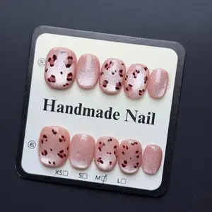 Luxury Nail Freedom! Nude Pink Cat Eye Exquisite Hand-Painted Leopard Print Press On Fake Nails, Reusable, Get Baddie Nails In 5 Mins, No Salon Needed
