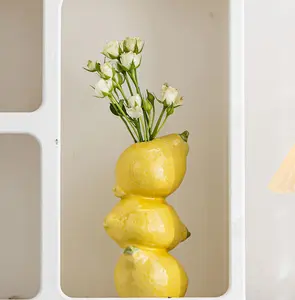 Stacked Lemon Ceramic Bud Vase Table Centerpieces for Home/Kitchen/Bathroom, Lemon Figurine Decor, Spring Summer Citrus Fruit Yellow Home Decor, Mediterranean Decoration for Italian Themed Party