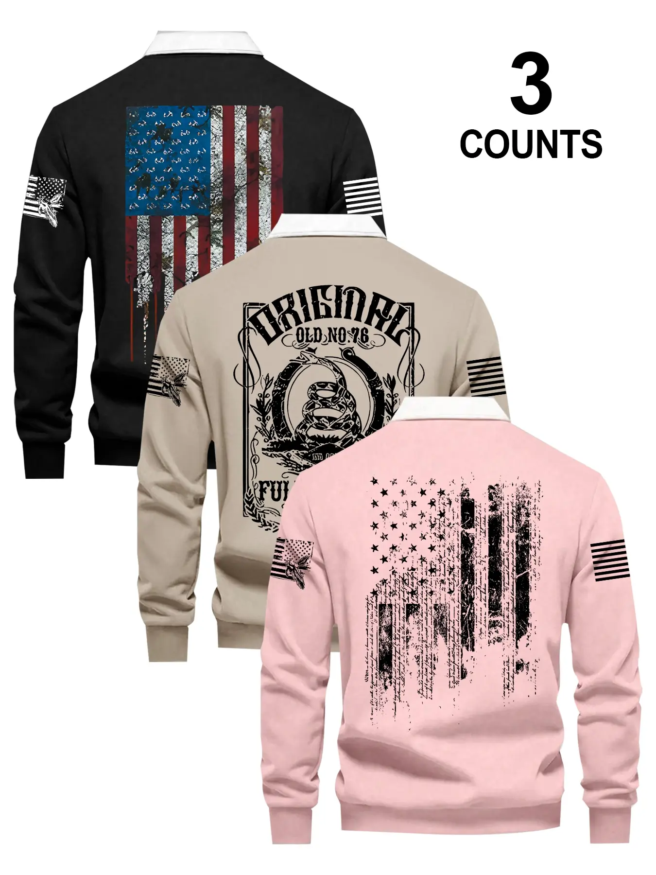 Men's Fall Winter 3-Piece Button-Down Sweatshirt Set, Flag Print Casual Pullover, Long Sleeve Fitted Top, Durable Polyester Fabric