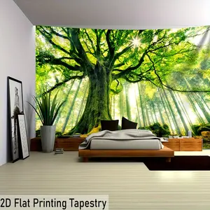 [2D graphic printing] 1 piece oversized sunshine tree landscape photo background wall tapestry, large size polyester hanging cloth, living room home bedroom decor office family room party decoration, installation-free