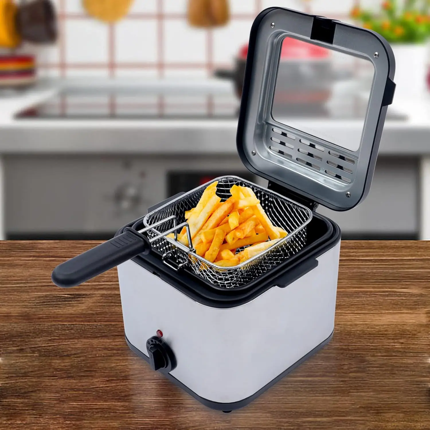 Tabletop 2.64QT Stainless Steel Electric Deep Fryer, 1000W Fast Frying Appliance with Viewing Lid, Detachable Basket, 176-374°F Adjustable Temperature, 3-Layer Insulation for Home Kitchen, Father-Son Gift, 1* Deep Fryer, 110V, 1* Basket, 23*21*19Cm