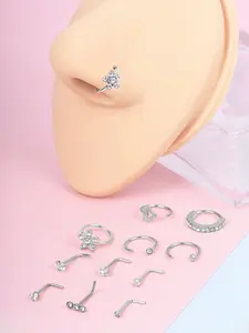 Cute Heart & Flower Design Nose Rings Nose Studs, 12pcs Rhinestone Decor Nose Piercing Jewelry, Stainless Steel Nose Rings for Women & Men, Body Jewelry for Party, Daily Clothing Decor