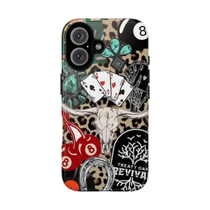 Western Phone Case, Leopard Playing Cards Steer Skull Turquoise Vinyl With Country Rebel Vibes, Play Now Aesthetic Gift, iPhone 16 15 14 13 12 11