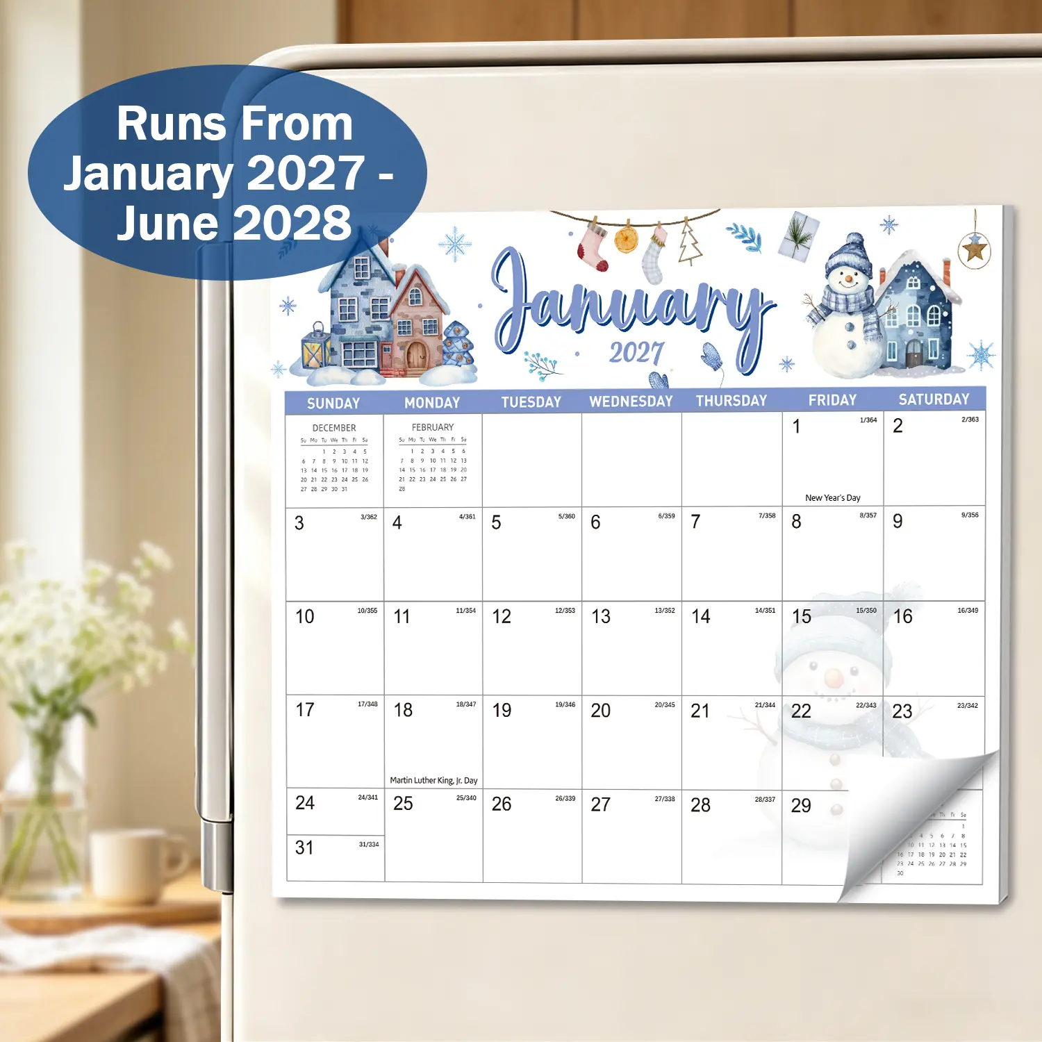 2027-2028 Wall Calendar, 18 Monthly Calendar from January 2027 to June 2028, with Holiday | Julian Date | Twin-Wire Binding | Thick Paper, 12" x 14.5", Hanging Wall Calendar for Home and Office