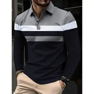 Men's Patchwork Print Long Sleeve Polo Shirt, Regular Fit Casual Button Front Collared Top for Fall & Winter, Men's Clothes for Daily Wear, Menswear
