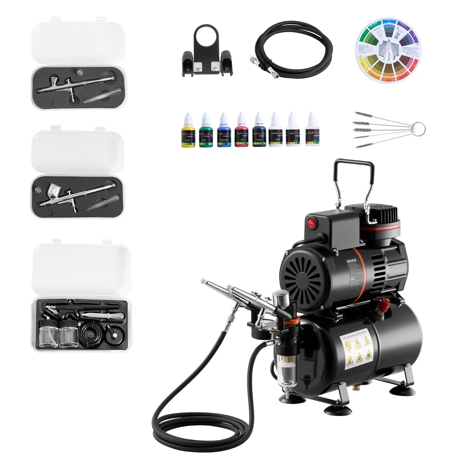VEVOR Airbrush Kit, 1/6 HP, Air Brush Kit with Air Compressor and Tank, 3 Dual-Action Professional Airbrushes with 3 Tips, Hose, Acrylic Paint, 2 Fans, for Cake Decorating, Model Painting, Nail ArtSummervibes