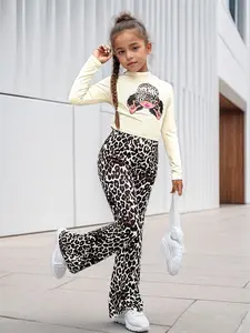 Cartoon Print & Leopard 2-Piece Kids Set, Long Sleeve Crop Top & Flare Leg Pants, Streetwear for Girls, Trendy Fashion for Children