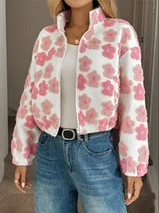 Women's Plush Long Sleeve Zip Front Jacket Zipper Coat, Warm Textured Woven Fabric, Floral Flower Design, Fall Winter Fashion, Casual Fitted Style