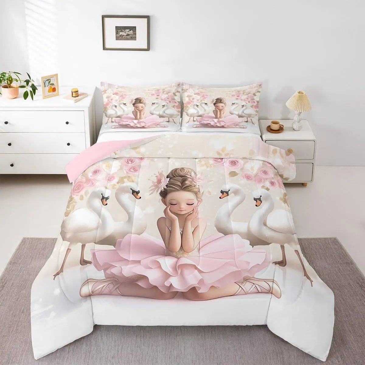 Feelyou Toddler Girl Princess Theme Ballerina Comforter Set - Gentle Soft Blanket, Soft Warm Polyester Fiber Bedding, White Swan & Pink Romantic Rose Design, U-Stitching, Multi-Size, Travel-Ready, Soft Warm Bedding