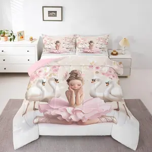 Ballerina Girl Princess Comforter Set,White Swan Bedding Set,Aesthetic Ballerina Design Comforter,Kids Boys Girls,Pink Romantic Rose Quilt