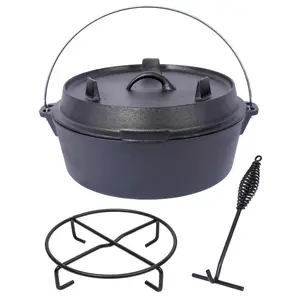 Pre-Seasoned 4.5QT Cast Iron Dutch Oven with Skillet Lid | Campfire Cooking Pot for BBQ, Baking | Includes Iron Pot Rack