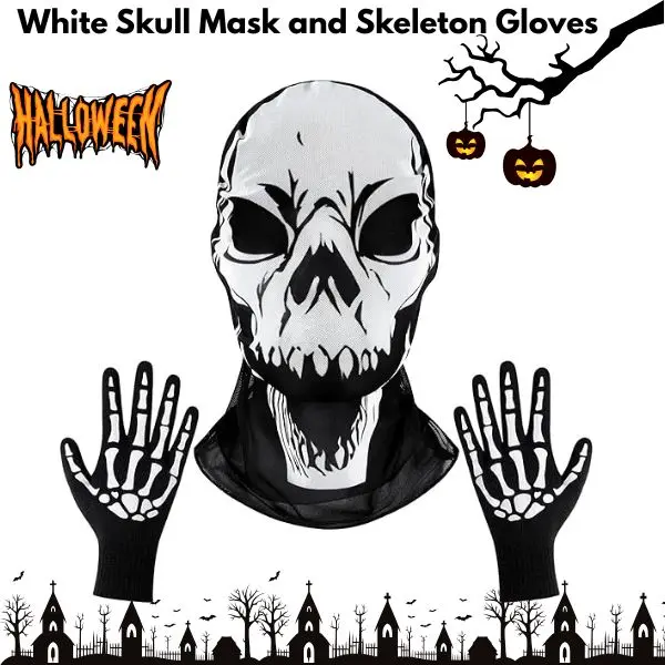 Skull Mask and Skeleton Gloves Set, 2-Piece Spooky White Costume Accessory for Adult Halloween Parties and Cosplay
