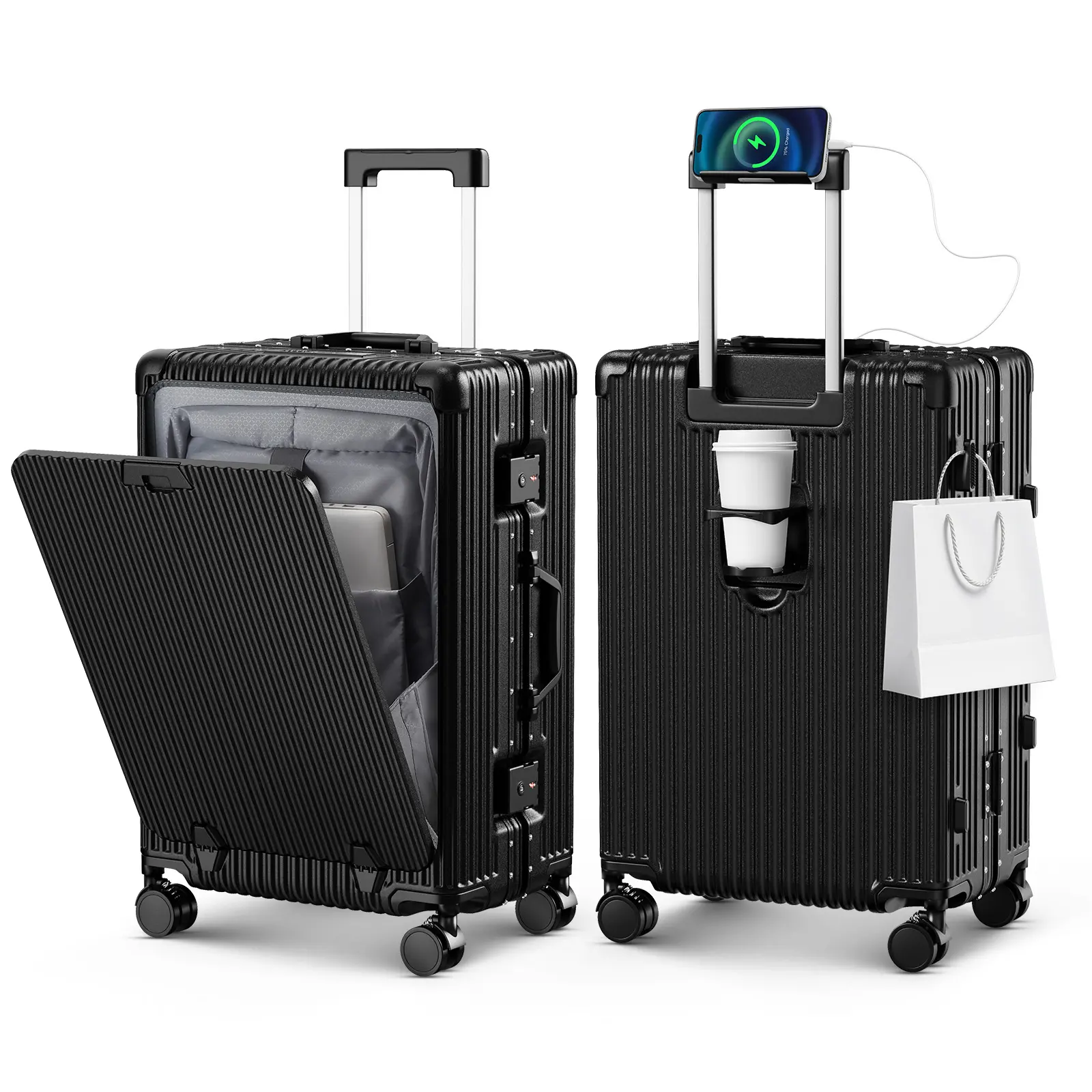 24 Inch Aluminum Frame Hardside Spinner Luggage with Front Laptop Compartment, TSA Combination Lock, USB-A/USB-C Charging Ports, Brake Wheels, Phone Holder, Cup Holder, Side Hook, Durable Business Travel Suitcase