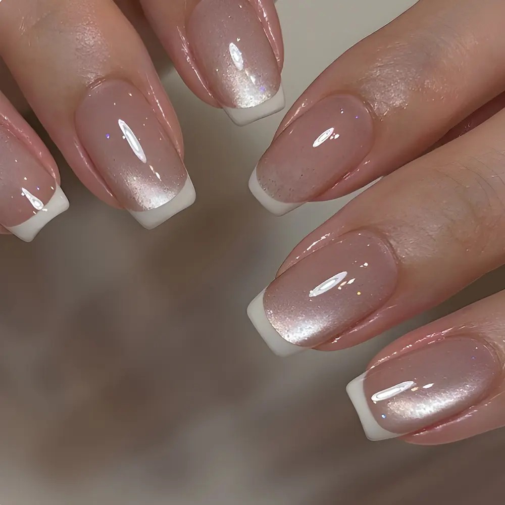 Starry-sky style French manicure press-on nails  Edgy cat-eye effect, removable adhesive tips
