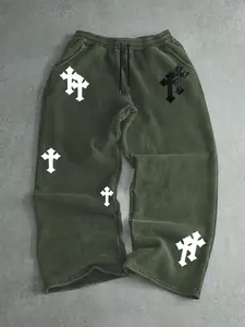 Men's Drawstring Waist Straight Leg Pants, Cross Print Design, Comfortable Casual Wear, Suitable for Autumn & Winter