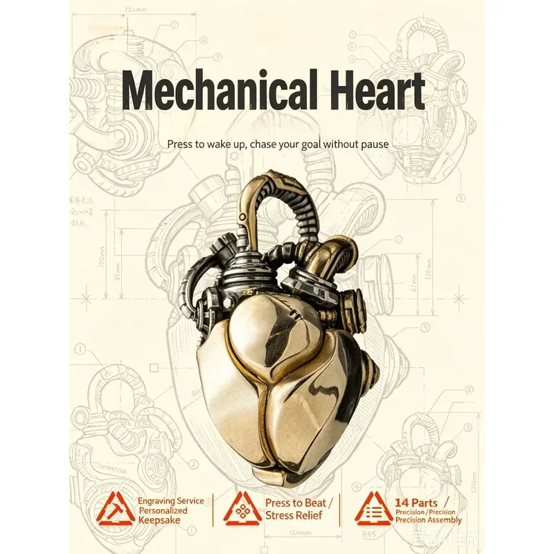 Oriental Mechanical Heart EDC Fidget Slider Keychain, Press Stress Relief Hand Pendant