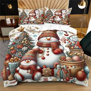 2/3 Piece Christmas Themed Snowman Print Decorative Duvet Cover Set, Exquisite Christmas Tree, Gift Box, Candy Cane Pattern Bedding Set, Suitable for Decorating Bedrooms During Christmas, Including 1 Duvet Cover and 1/2 Pillowcase