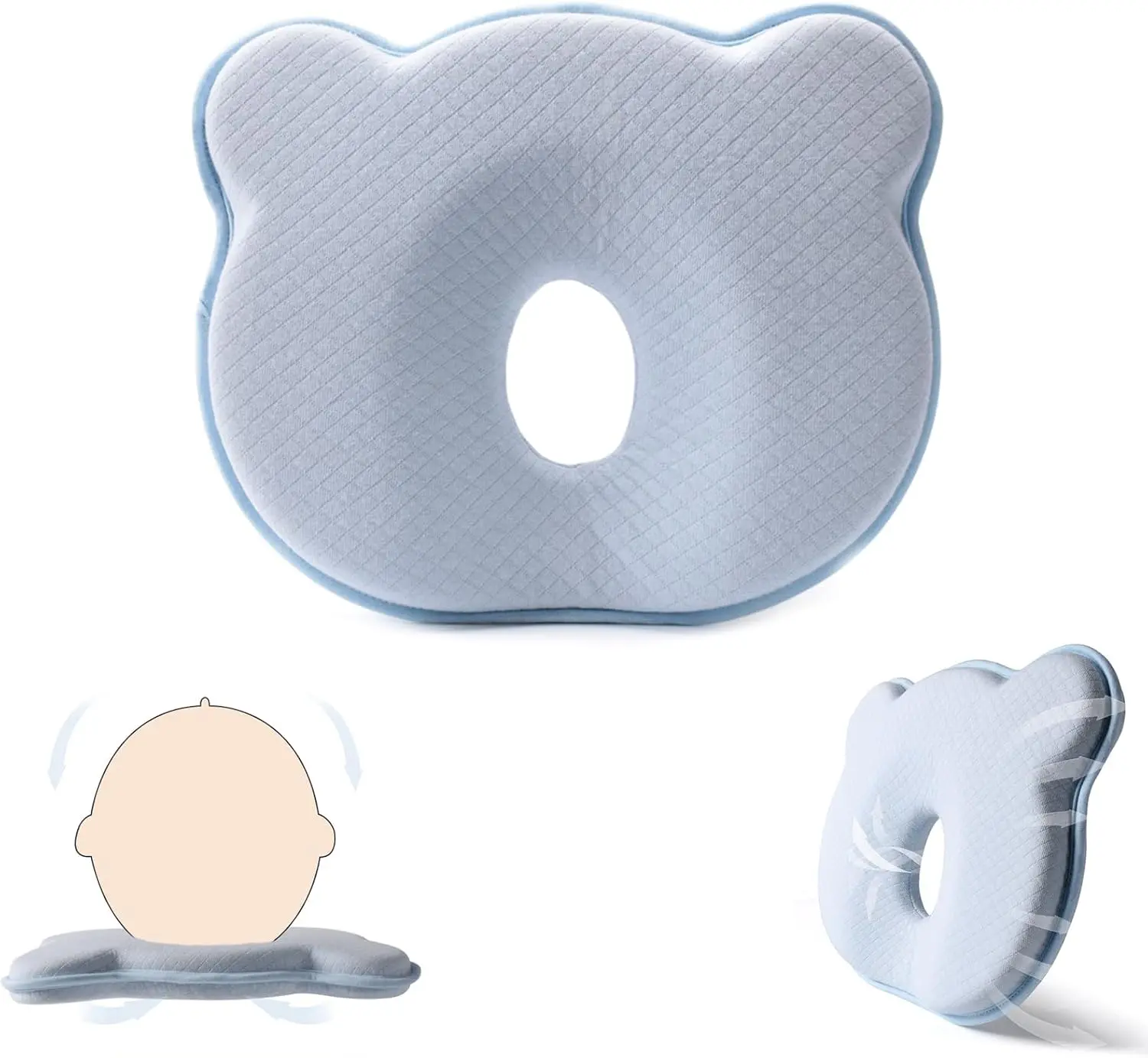 Memory Foam Pillow for Kids - Prevent Flat Head Syndrome, Natural Sleeping Position Support, Soft Breathable Head and Neck Protection Cushion with Cute Bear Design, Blue for Home/Car Seat, Head And Neck Support