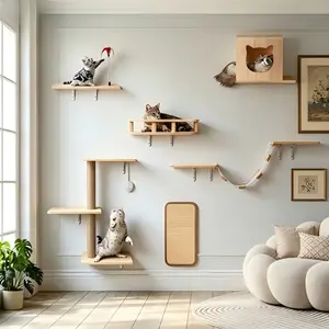 6-in-1 Wall Mounted Cat Furniture Set, Multi-Functional Wall Cat Shelves with Cat Condo, Rest Bed, Connecting Bridge, Climbing Tree, Stairs and Scratching Board, Custom DIY Indoor Wall Play Area for Cats (Black)