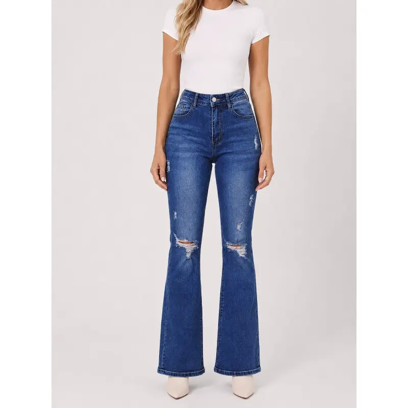 Bombbase Women’s High Waisted Black Flare Jeans, Distressed Ripped Stretch Denim Pants with Pockets, Casual Full Length Bell Bottom Jeans for Women