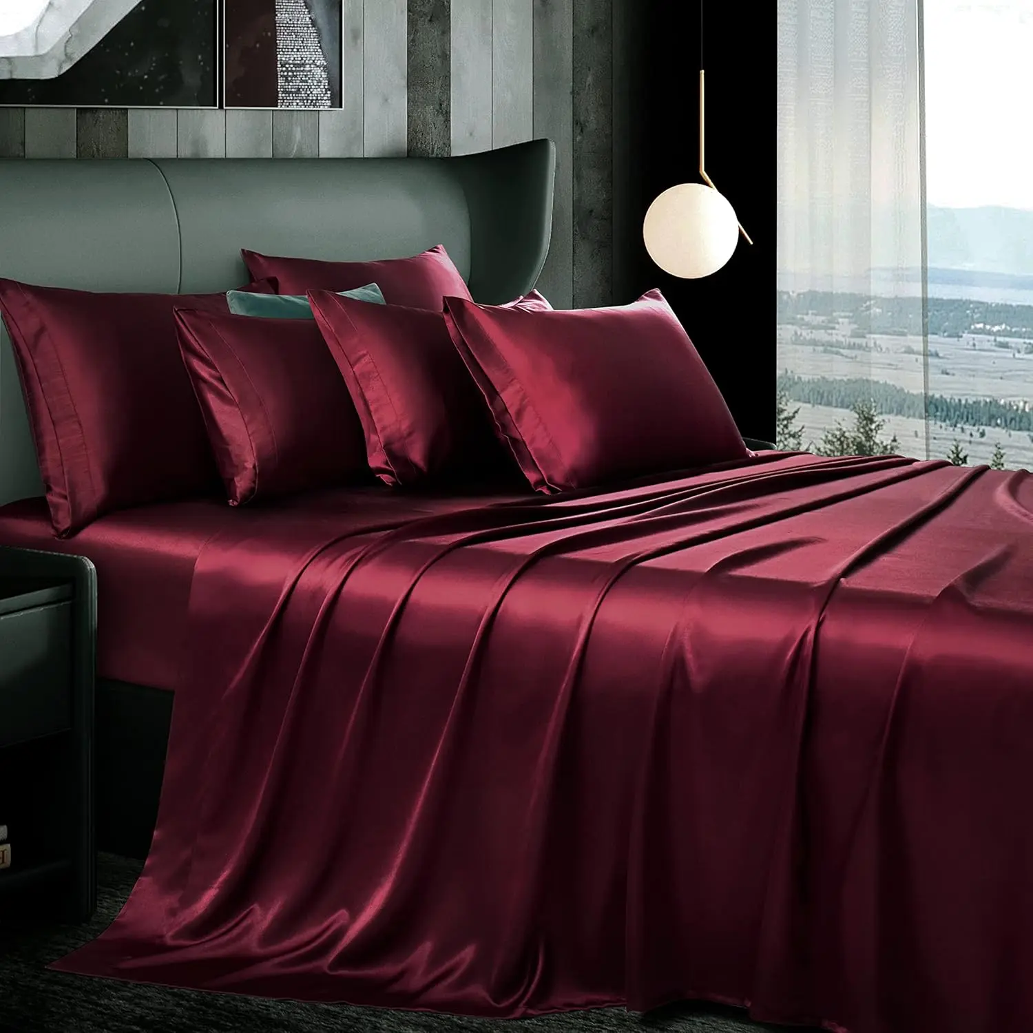 7 count Burgundy Satin Sheets  Size Silky Satin Bed Sheets Set, Luxurious & Soft Bedding Set - 1 Fitted Sheet, 1 Flat Sheet, 4 Pillowcases + 1  Pillow case