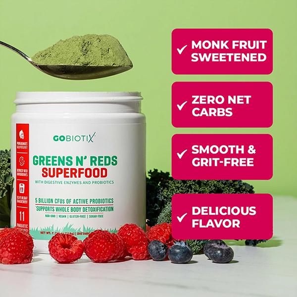 GOBIOTIX Greens Powder - Superfood with Greens and Reds - Probiotic Supplement - Digestive Enzymes and Beet Root Powder - Organic Whole Foods Dietary Supplement (Pom Raspberry, 1 Pack)