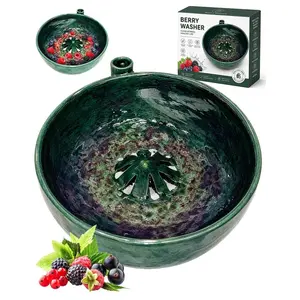 Self-Rotating Berry Cleaning Bowl, Ceramic Berry Bowl with Holes, Fruit Washing Rotator with Filter Net and Pot, Multi-Functional Hand Wash Tool