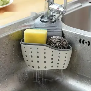 1 count Adjustable Sink Sponge Holder, Multifunctional Drainage Basket with Hanging Strap, Sponge Storage Rack, Vegetable Washing Sin, Kitchen and Bathroom Organizer Kitchen Essentials