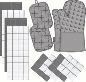 Oven Mitts Kitchen Towels and Dishcloths Pot Holders Sets, Oven Gloves Kitchen Dish Towels 500 Degree Heat Resistant Potholders with Non-Slip Silicone Surface for Cooking, Grilling, Baking-Gray BSKSSK