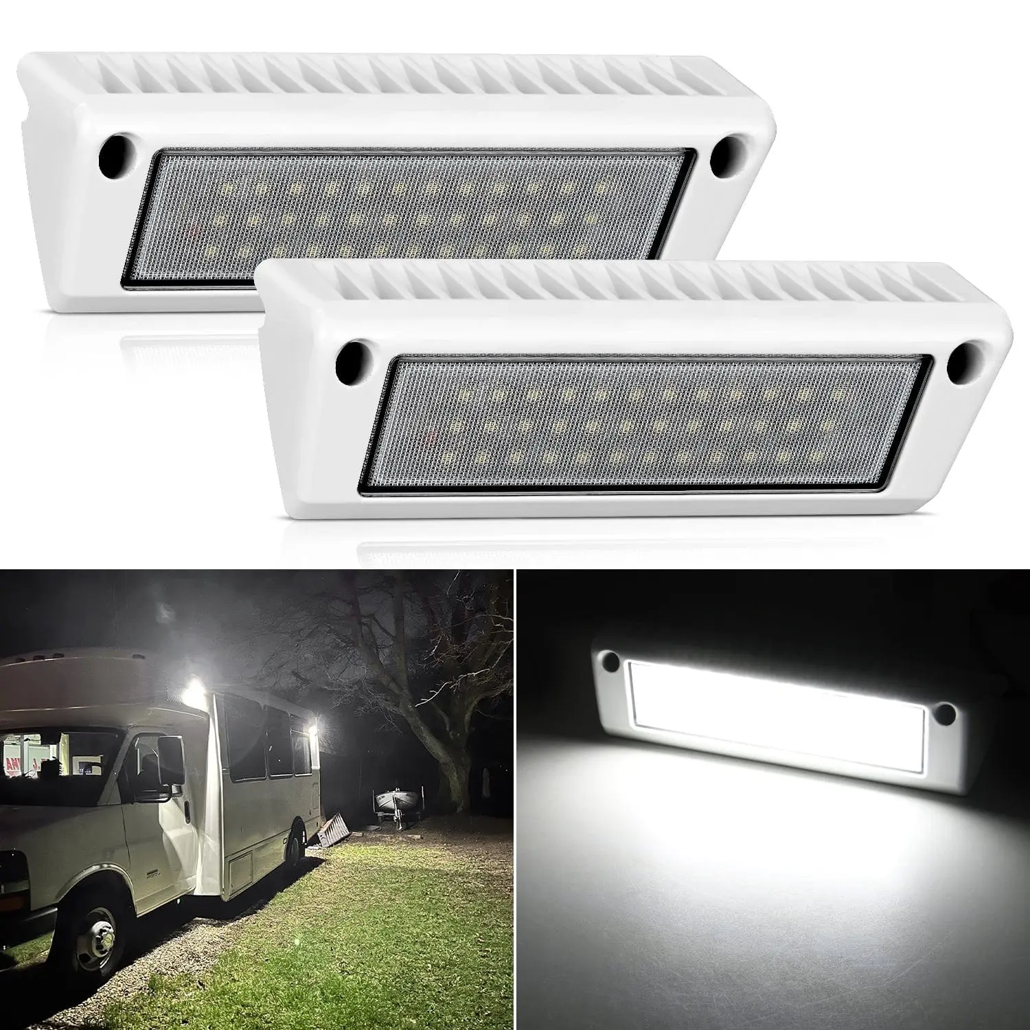 Nilight 1 Pair 9-Inch Waterproof Floodlight - White Beam, White Aluminum Construction, Dustproof, Hard-Wire Harness, Fire Truck/Travel Trailer/RV Exterior Porch Light, Outdoor Camping Cabinet Automotive Work Light Bar, Travel Trailers
