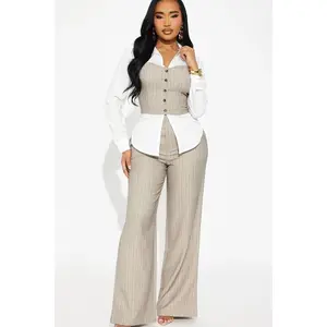 Work Mode Pinstripe Pant Set - Taupe/combo P