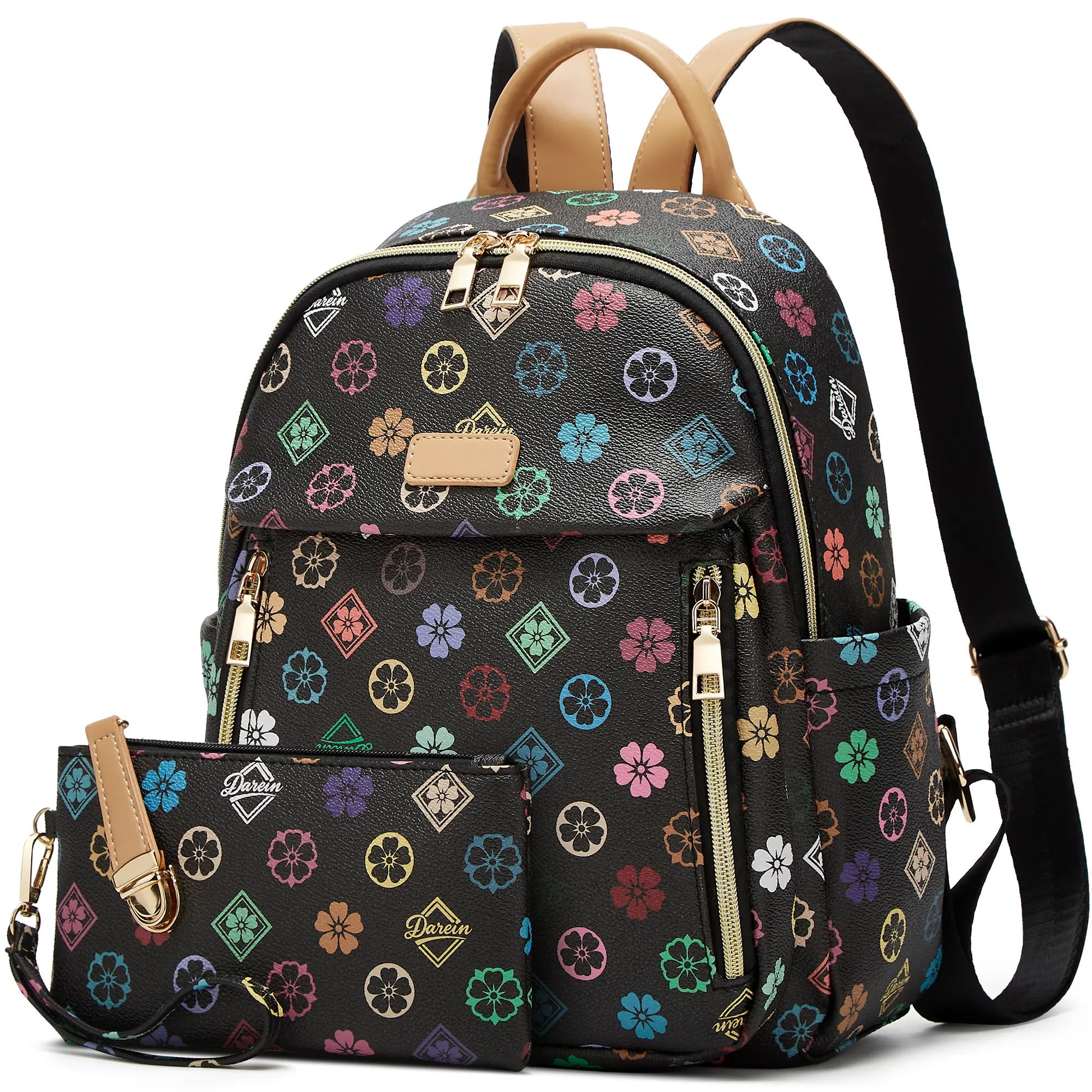 MAKES Women's 2-Piece Chic PU Leather Small Backpack Set - Waterproof Female Casual Daypack with Multi-Pockets Zipper Wallet for Campus, Work, Bags for Women