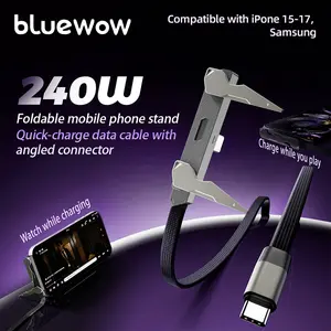 BlueWow Invisible Holder Charger Cable with Stand, 240w super fast charging 2-in-1 Fast Charging Cord & Phone Stand for Gaming, Office, Car Travel, Compatible with iPhone Samsung Type-C charging cable Black