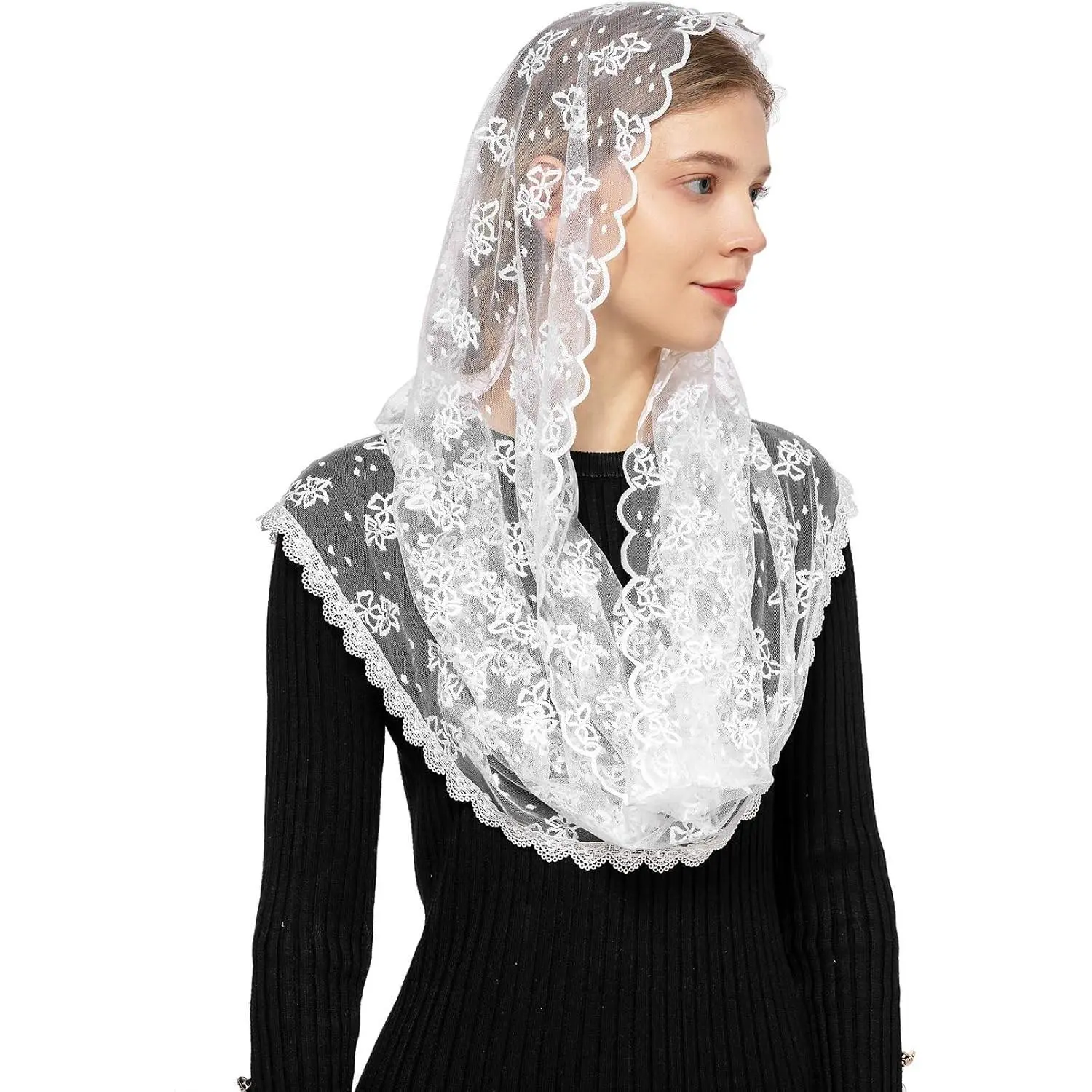 Wgior Embroidered Lace Chapel Veil Infinity Mantilla Veils Catholic Church veil Latin Mass Head Covering Scarf