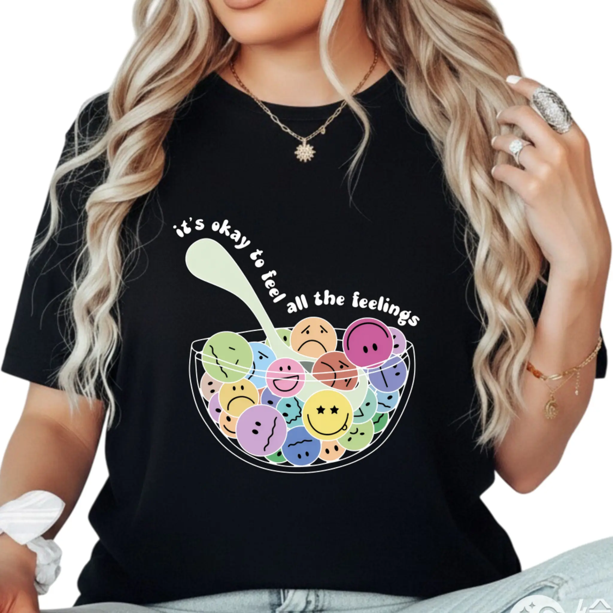 Oversized crew neck t shirt colorful mood face bowl spoon mental health quote graphic loose fit short sleeve women counselor daily wear tee