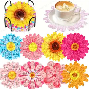 8-Piece DIY Diamond Flower Theme Wooden Coasters Set, Ideal for Adults & Beginners, Perfect Holiday Gift with Stand Included