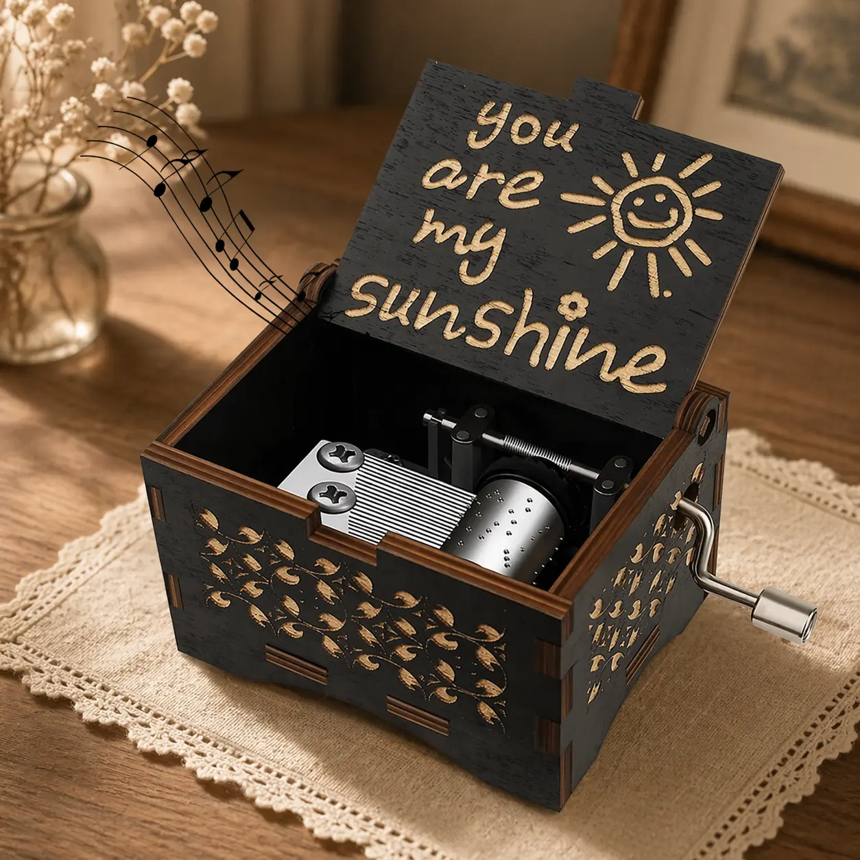 You Are My Sunshine Wooden Music Box  Hand Crank Vintage Engraved Gift , Cute Romantic Surprise for Her/Him