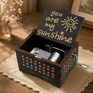You Are My Sunshine Wooden Music Box  Hand Crank Vintage Engraved Gift , Cute Romantic Surprise for Her/Him
